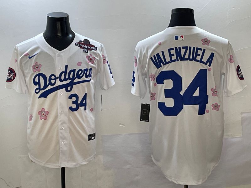 Men Los Angeles Dodgers 34 Valenzuela White Sakura Edition 2025 Nike MLB Jersey style 5